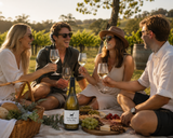 Friends toasting with Sauvignon Blanc 2025 at a vineyard picnic, Every Man & His Dog Vineyard, Coal River Valley Tasmania